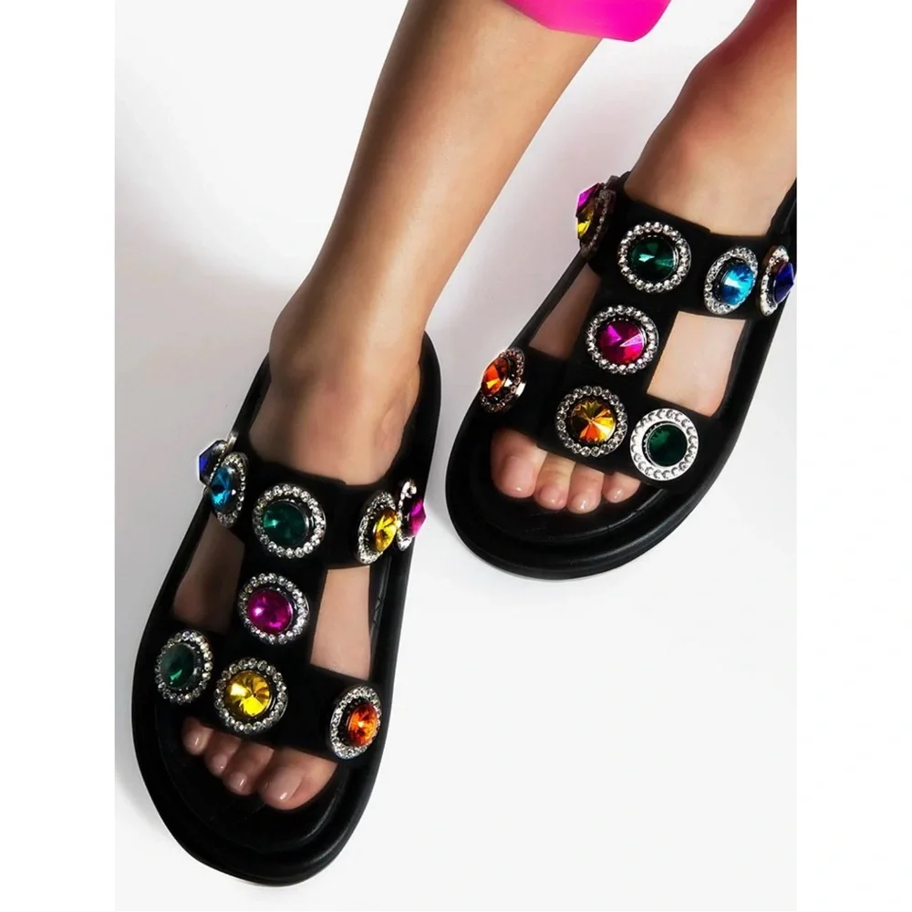 Kurt Geiger London Womens ORSON CRYSTAL Black Leather Slide Sandals Shoes Sz 9 - Picture 1 of 9